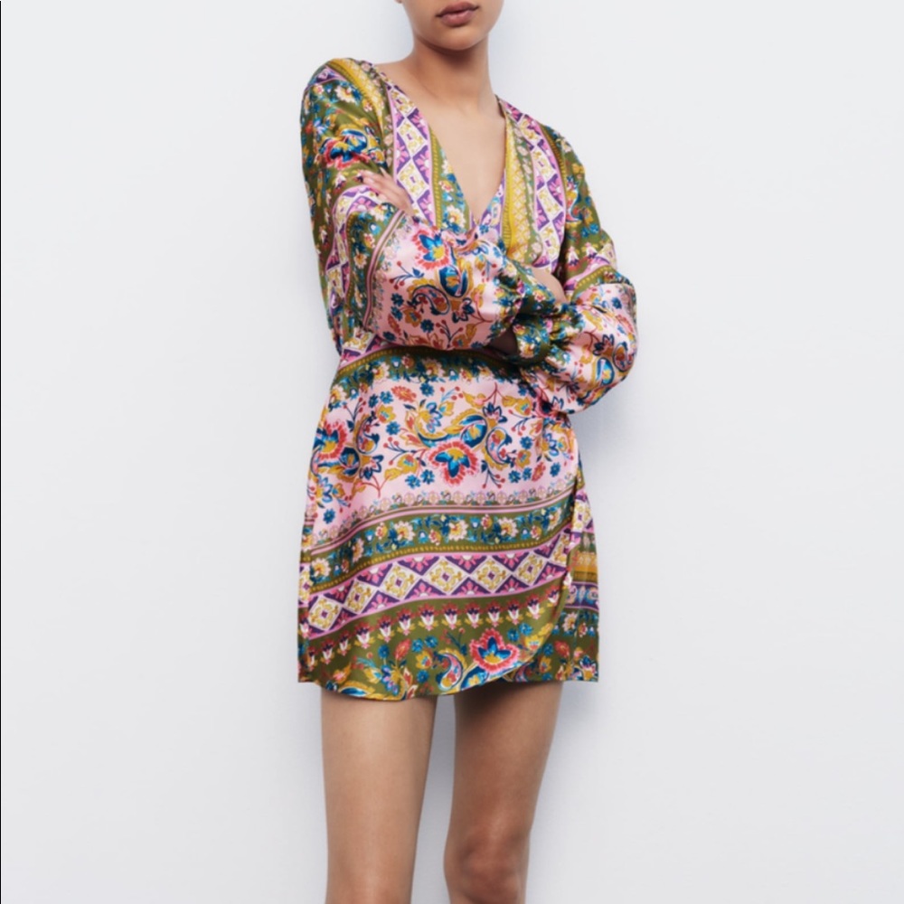XS Zara Satin Effect Print Mini Dress - Multicolor